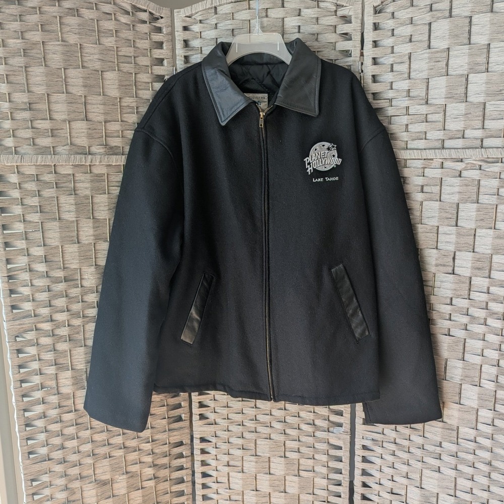 Vtg Planet Hollywood Bomber Jacket Black Wool Leather Lake Tahoe XXL Streetwear